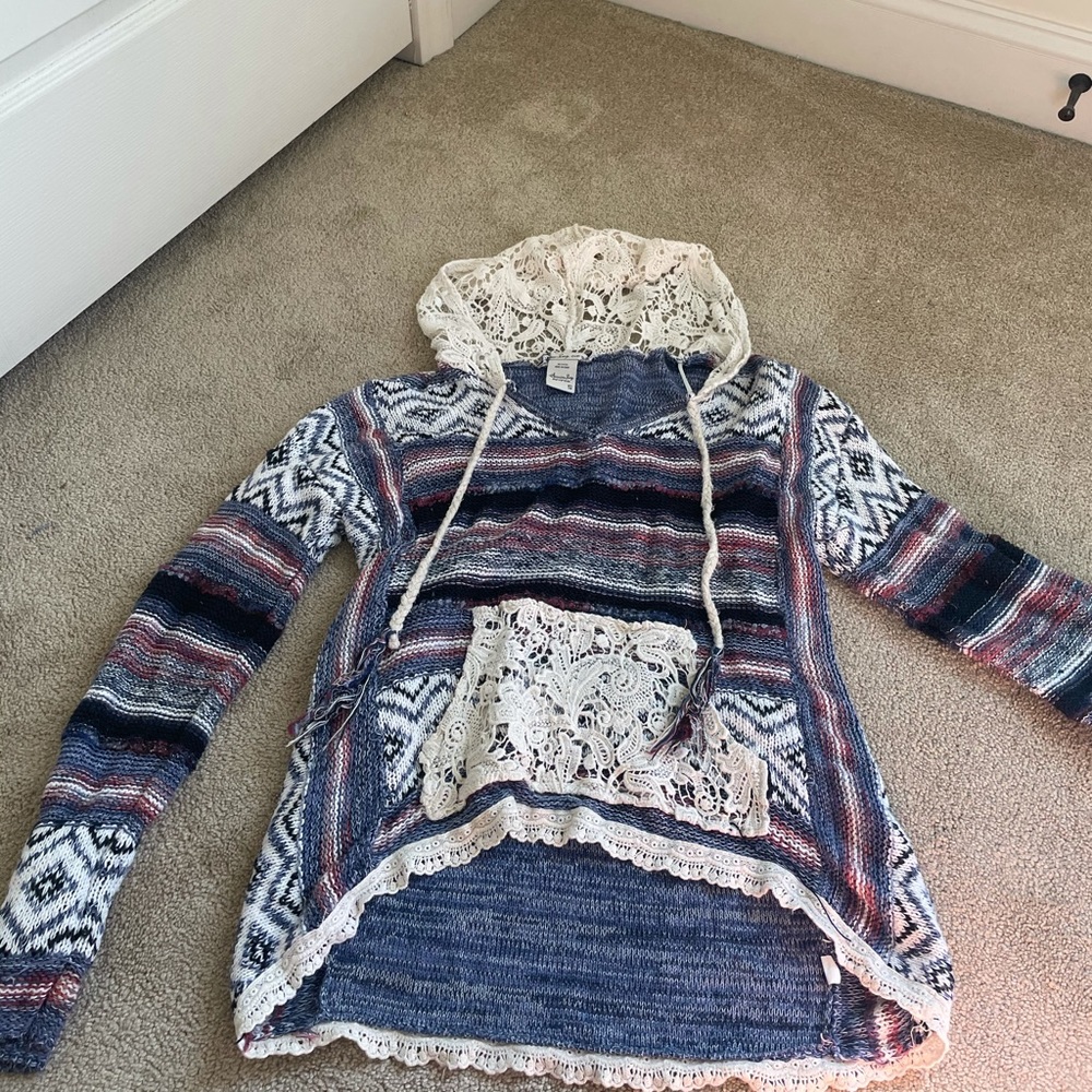 multicolored lace hooded sweater